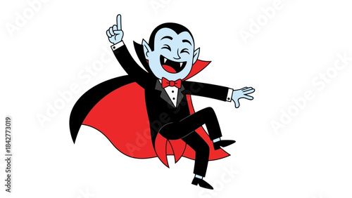 Cute Cartoon Vampire Dancing with a Red Cape and Bowtie