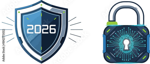 Cybersecurity protection concept for the year 2026 featuring a glowing digital padlock and a protective shield emblem