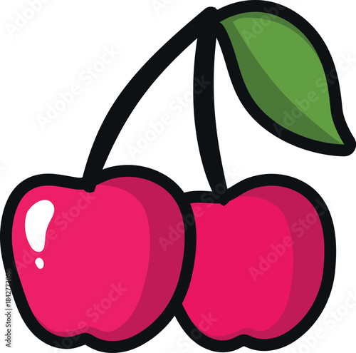 Two cherries with a green leaf on top