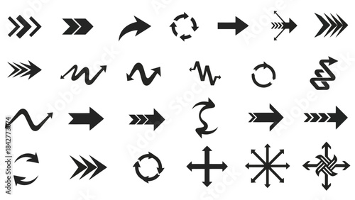 Diverse Collection of Black Arrows and Directional Symbols on White Background