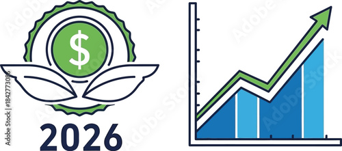 Green finance investment growth projection symbol with dollar coin and upward trending bar chart indicating 2026 targets