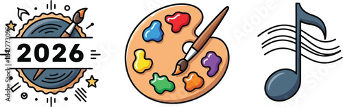 Creative arts and music celebration for the year 2026 depicted with simple colorful icons on a white background
