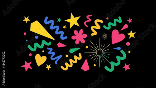Colorful Abstract Shapes and Confetti Falling on Black Background, Party Celebration