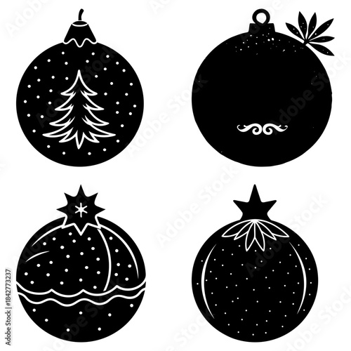 Four black and white Christmas ornaments with festive and text on a transparent background
