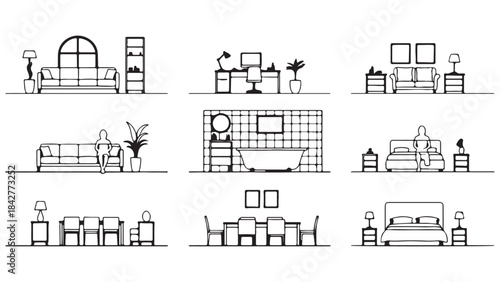 Set of detailed architectural line drawings featuring various home interior room layouts and furniture, including living room, bedroom, office, bathroom, and dining room for floor plans and interior d