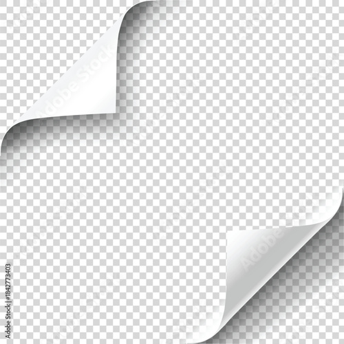 White corners curled of paper with a diagonal shadow, Realistic page corner design element for documents. posters. Curl edge. Rolled paper sheet.