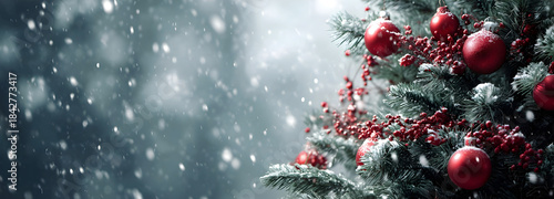 a christmas tree adorned with red ornaments stands in the city square