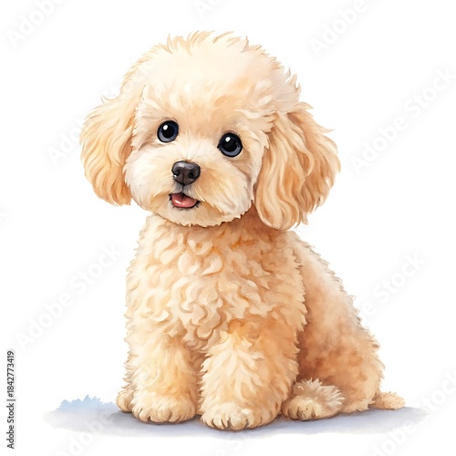 Adorable fluffy apricot toy poodle puppy sitting, watercolor style