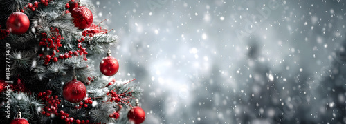 a christmas tree adorned with red ornaments stands in the city square