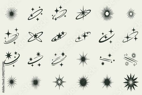 Elegant vector set of orbiting starbursts and sparkles in a retro minimalist style on a soft cream background.