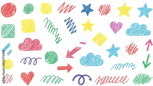 Vibrant Collection of Hand-Drawn Doodle Icons and Shapes in Various Colors