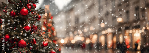 a christmas tree adorned with red ornaments stands in the city square