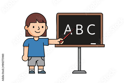Illustration of a person pointing at a blackboard with "ABC" on it