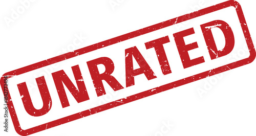 Red UNRATED Rubber Stamp with Grunge Texture Isolated on White Background, Angled View