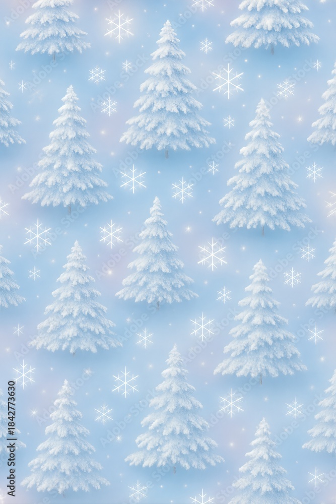 Obraz premium Blue Seamless Pattern of Snowy Christmas Trees and Snowflakes