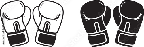 Two pairs of boxing gloves in black and white line style line pair
