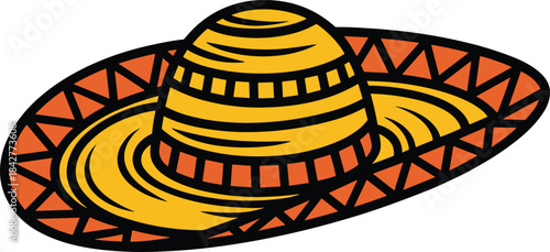 Traditional Mexican sombrero illustration with bold yellow, orange, and black patterns in festive vector style for cultural, holiday, and heritage design themes