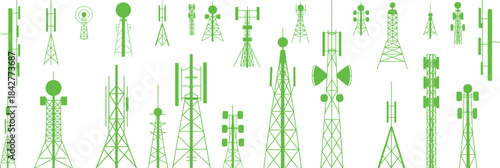 communication tower silhouettes featuring diverse antenna and broadcast structures in vector style for telecom, wireless, and infrastructure design