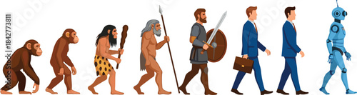 Human evolution timeline from primitive ape to futuristic robot illustrating technological progress and transformation in modern society