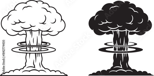 Two stylized trees with circular bases in black and white line black and white