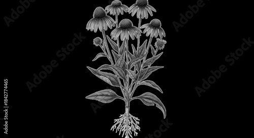 Tableau sur toile Black and white illustration of coneflower plant with roots echinacea botanical
