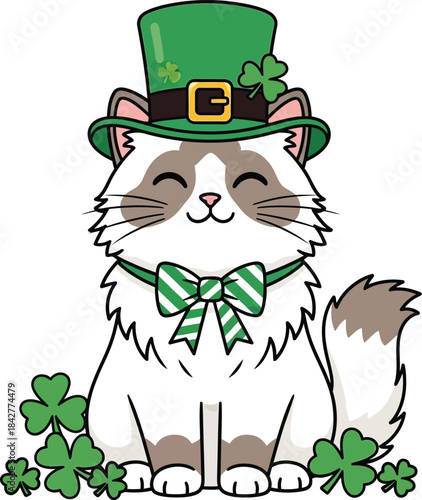 A cute cartoon ragdoll cat wearing a tall green St. Patrick’s Day hat and striped bowtie, sitting happily with scattered shamrocks on a white background