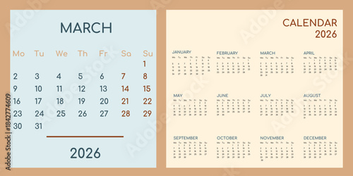 March 2026 calendar vector template. A colorful, warm-toned calendar for the entire 2026 year for planning and business.