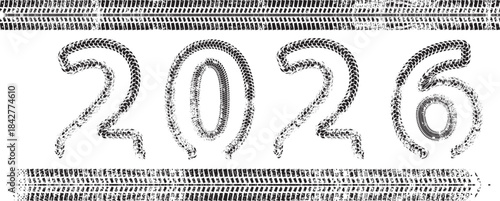Tire Tracks frame. New year 2026. Car tread silhouette. Vector