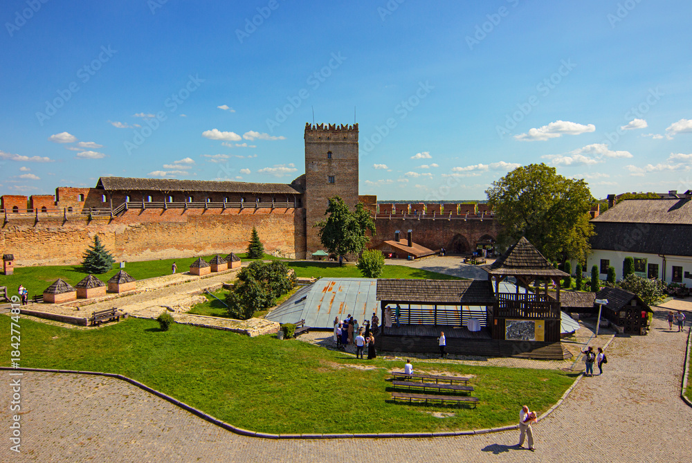 Fototapeta premium Overhead view of Styrova Tower, one of Lutsk Castle’s three remaining towers