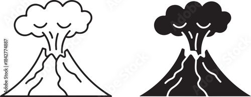 Two stylized volcanoes erupting with clouds of smoke in black and white eruption mountain
