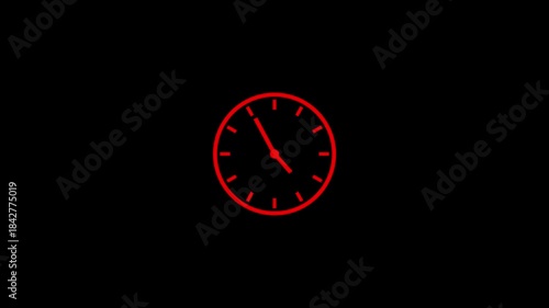 Red Clock spinning, watch animation on black background with alpha channel. Clock icon flat style 24 hours day fast speed with moving timer clock rotation. 4K video