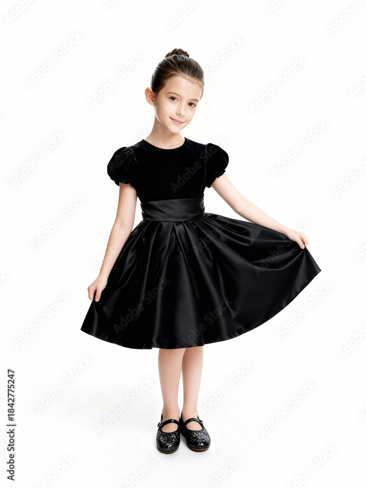 Fototapeta premium A 10-11-year-old girl in a black dress with a fluffy skirt on a white background