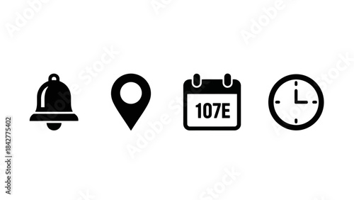 Set of Four Essential Digital Icons: Bell, Location, Calendar, and Clock