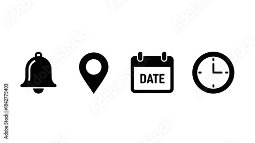 Set of Four Essential Interface Icons: Bell, Map Pin, Calendar, and Clock