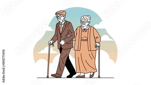 Elderly Couple Walking Together Arm in Arm with Canes, Sunset Sky Background
