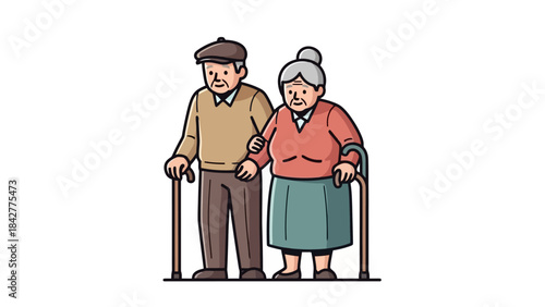 Elderly Couple Holding Arms and Walking with Canes, Vector Illustration