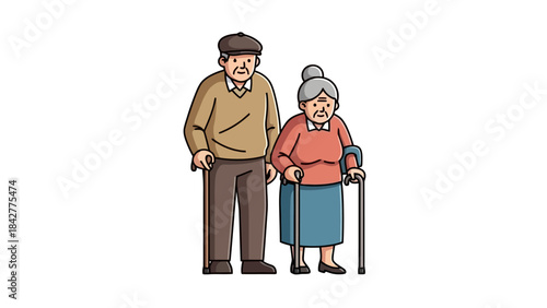 Elderly Couple with Walking Sticks Standing Together, Vector Illustration of Senior Citizens