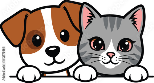 A cute vector illustration of a friendly brown and white dog and a grey tabby cat peeking from opposite sides with soft, rounded cartoon features