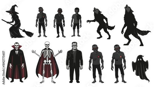 Collection of Spooky Halloween Monster Silhouettes: Witch, Vampire, Skeleton, Zombie, Werewolf