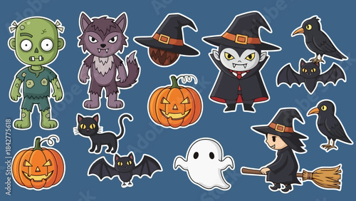 Collection of Cute Halloween Characters and Symbols, Vector Illustration Set