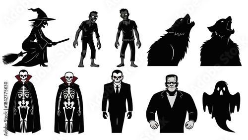 Collection of Spooky Halloween Monsters Silhouettes - Witch, Zombies, Werewolf, Vampire, Skeleton