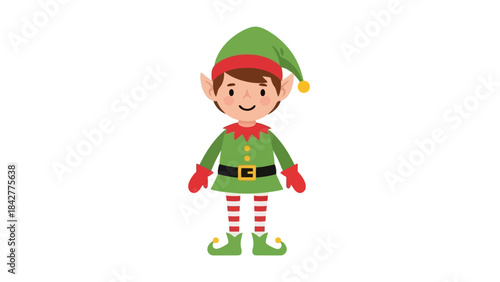 Cute Cartoon Christmas Elf in Green Suit with Red Accents and Striped Socks