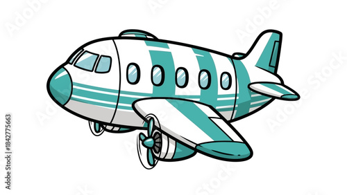 Cute Cartoon Airplane Flying in the Sky with Turquoise Stripes and Propellers