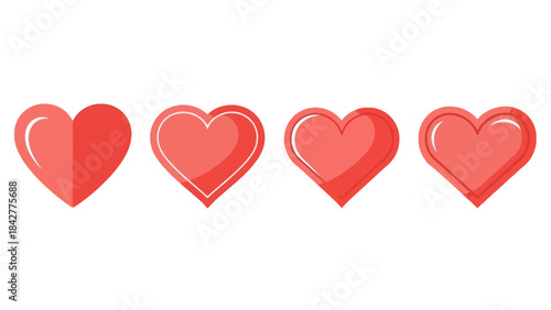 Collection of Four Red Hearts with Different Outlines and Styles, Vector Graphics