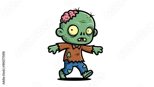 Cute Cartoon Zombie Character Walking with Exposed Brain and Tattered Clothes