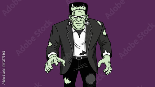 Cartoon Frankenstein Monster Character on Purple Background for Halloween