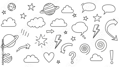 Collection of Hand-Drawn Doodle Icons: Stars, Planets, Clouds, Arrows, and Speech Bubbles