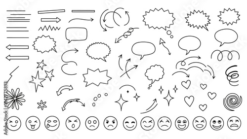 Hand-Drawn Doodle Elements: Arrows, Speech Bubbles, Stars, and Emoticons Vector