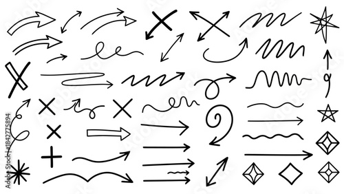 Collection of Hand-Drawn Doodle Arrows and Decorative Elements on White