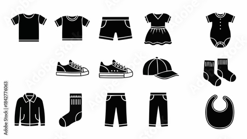 Collection of Black Silhouette Icons Representing Childrens Clothing and Accessories.